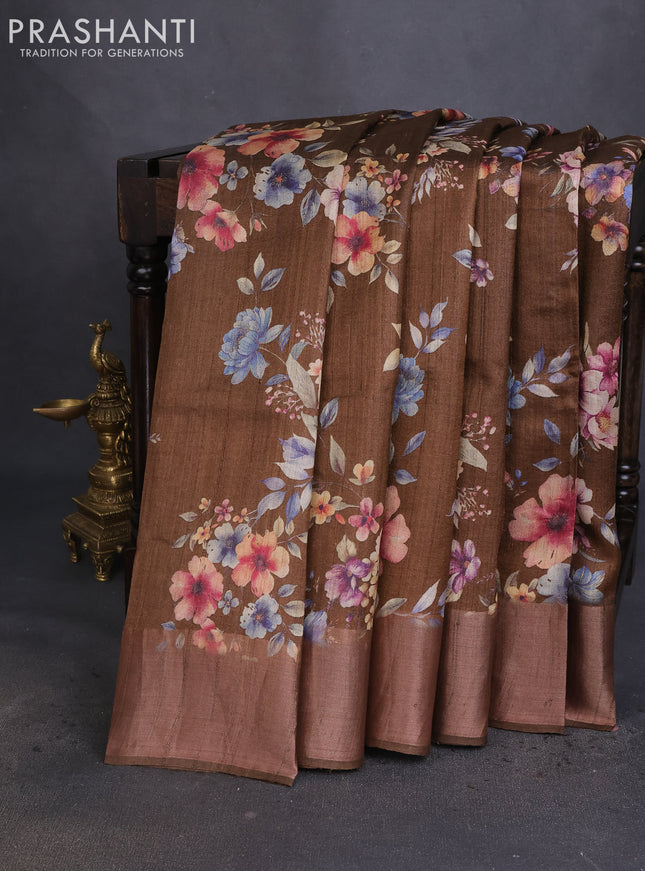 Pure tussar silk saree brown with allover floral digital prints and zari woven border