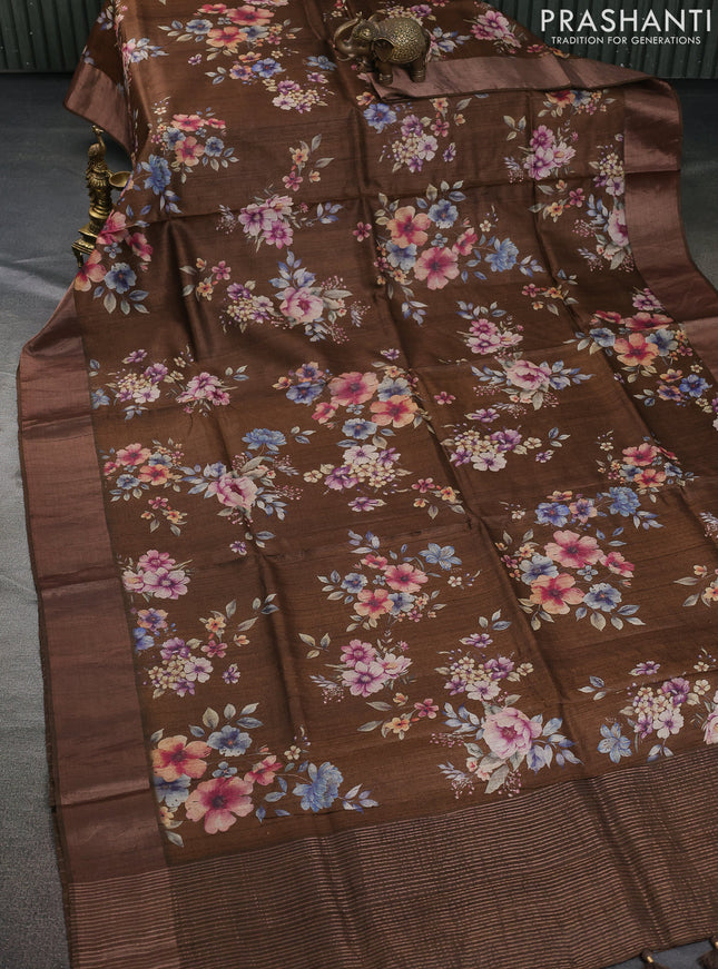 Pure tussar silk saree brown with allover floral digital prints and zari woven border