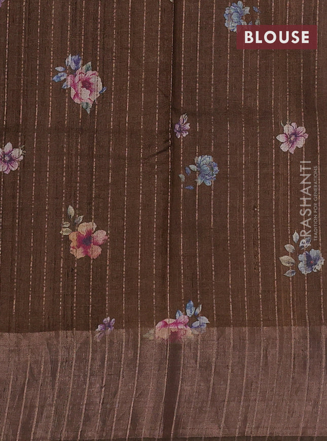 Pure tussar silk saree brown with allover floral digital prints and zari woven border