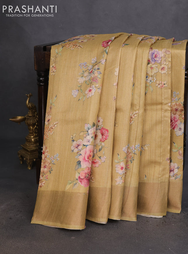 Pure tussar silk saree sandal with allover floral digital prints and zari woven border