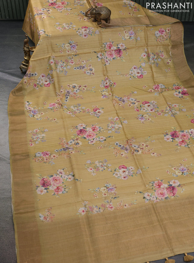 Pure tussar silk saree sandal with allover floral digital prints and zari woven border