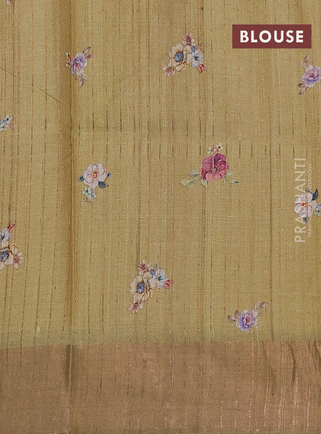 Pure tussar silk saree sandal with allover floral digital prints and zari woven border