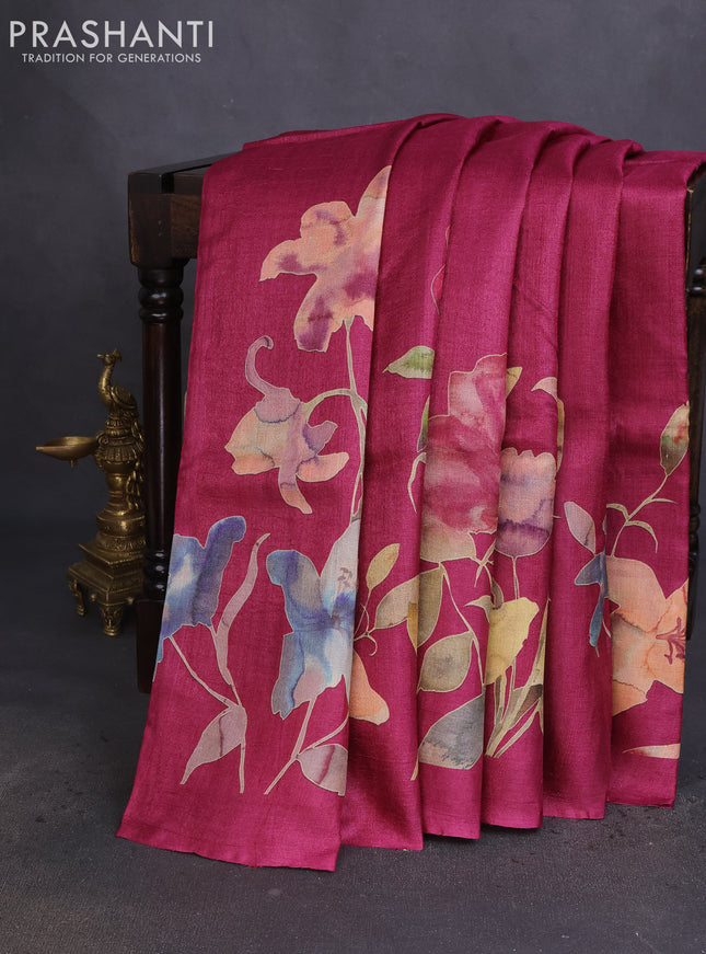 Pure tussar silk saree dark magenta pink with allover floral digital prints in borderless style