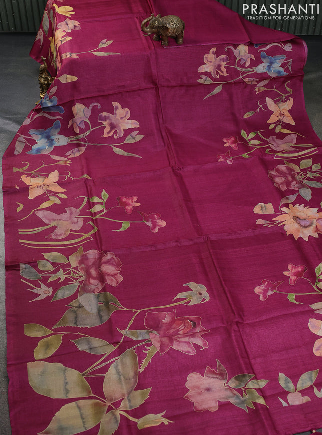 Pure tussar silk saree dark magenta pink with allover floral digital prints in borderless style