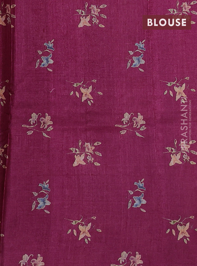 Pure tussar silk saree dark magenta pink with allover floral digital prints in borderless style