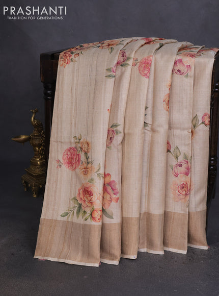 Pure tussar silk saree beige with allover floral digital prints and zari woven border