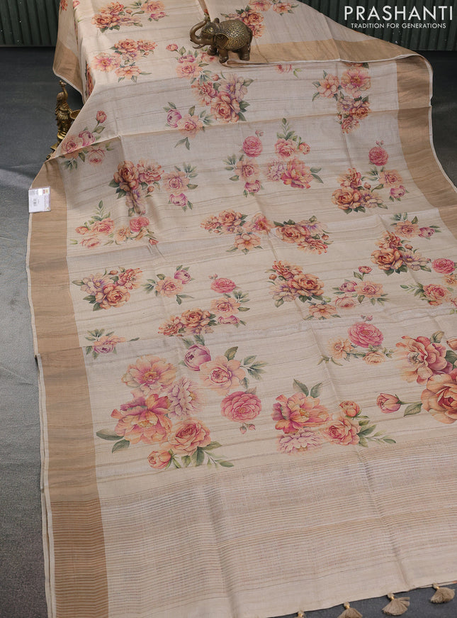 Pure tussar silk saree beige with allover floral digital prints and zari woven border