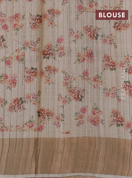 Pure tussar silk saree beige with allover floral digital prints and zari woven border