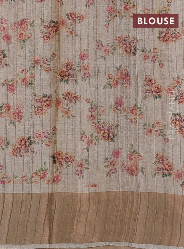 Pure tussar silk saree beige with allover floral digital prints and zari woven border
