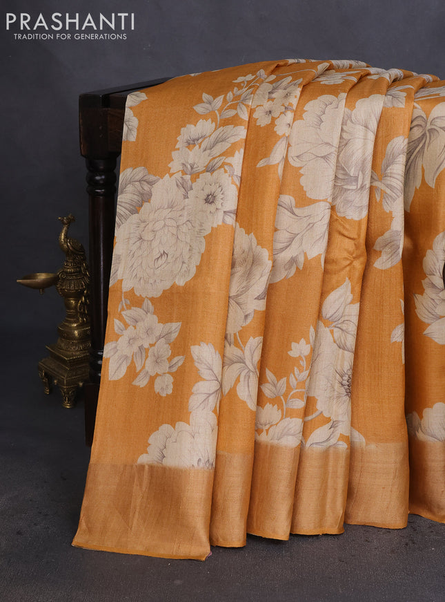 Pure tussar silk saree mustard yellow and beige with allover floral digital prints and zari woven border
