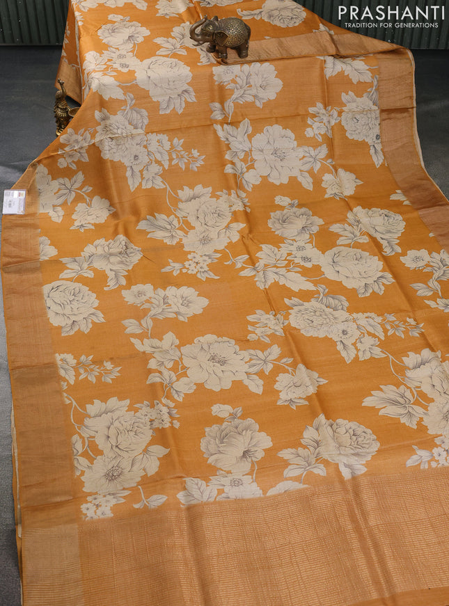Pure tussar silk saree mustard yellow and beige with allover floral digital prints and zari woven border