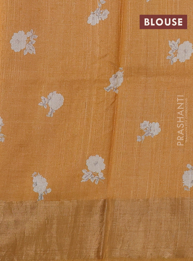 Pure tussar silk saree mustard yellow and beige with allover floral digital prints and zari woven border