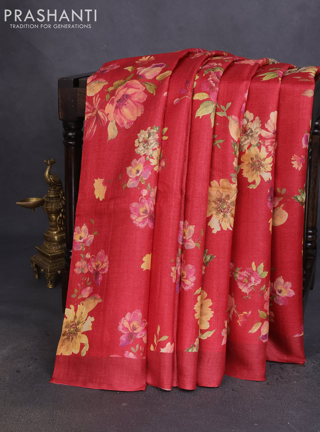 Pure tussar silk saree red with allover floral digital prints in borderless style