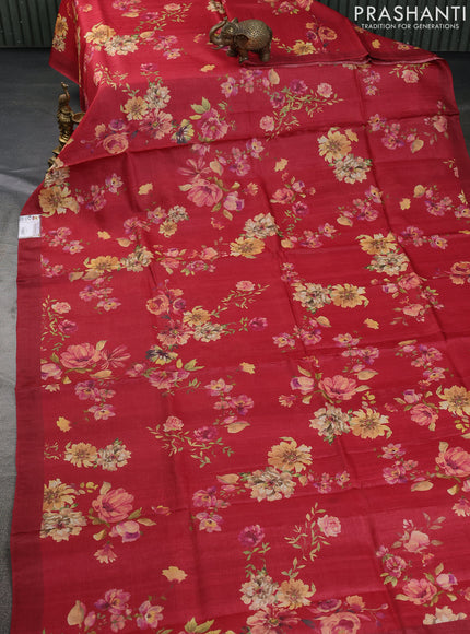 Pure tussar silk saree red with allover floral digital prints in borderless style