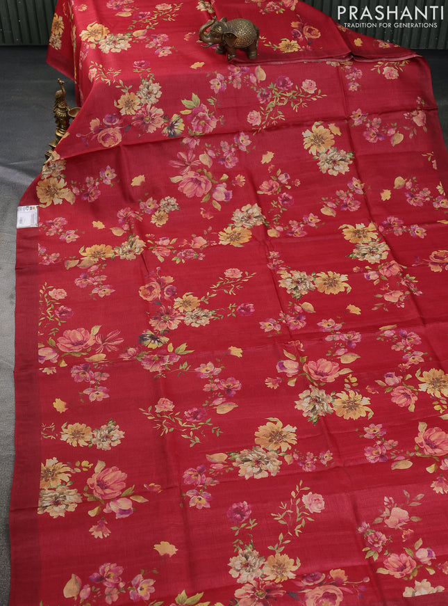 Pure tussar silk saree red with allover floral digital prints in borderless style