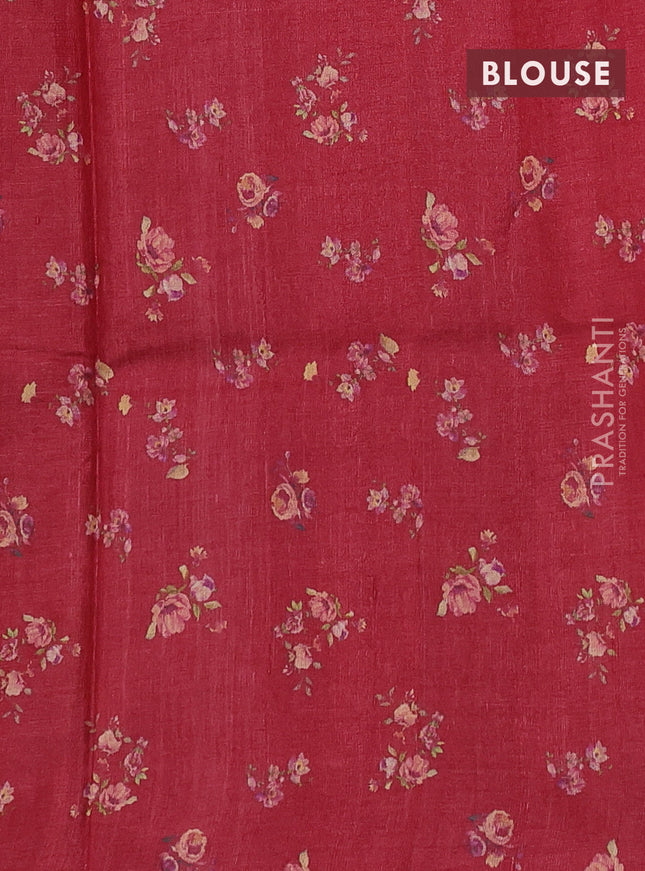 Pure tussar silk saree red with allover floral digital prints in borderless style