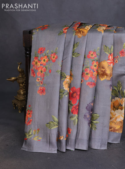 Pure tussar silk saree grey with allover floral digital prints in borderless style