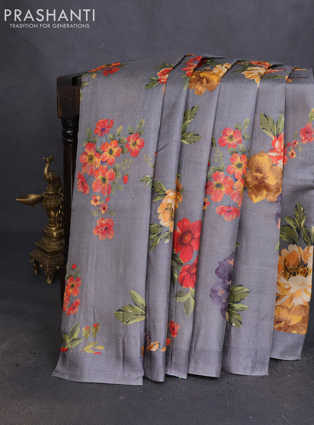 Pure tussar silk saree grey with allover floral digital prints in borderless style
