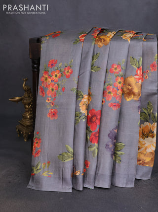 Pure tussar silk saree grey with allover floral digital prints in borderless style