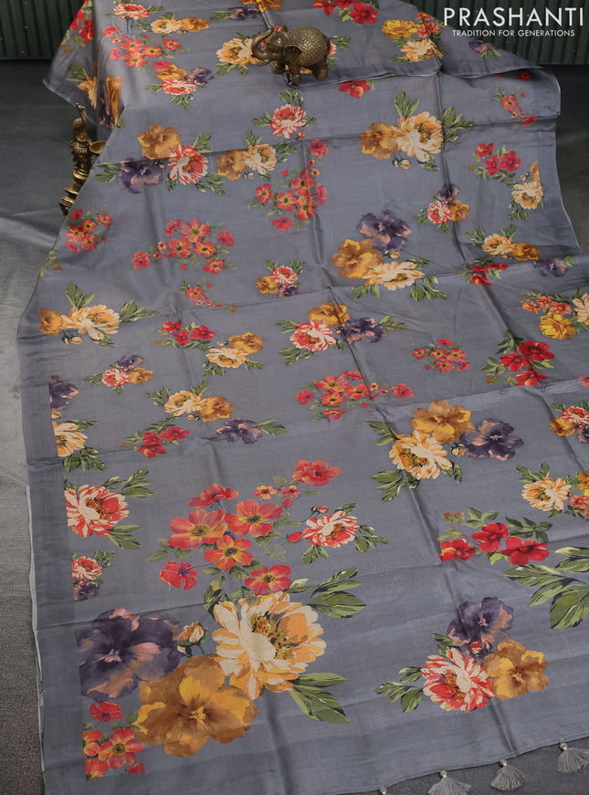 Pure tussar silk saree grey with allover floral digital prints in borderless style