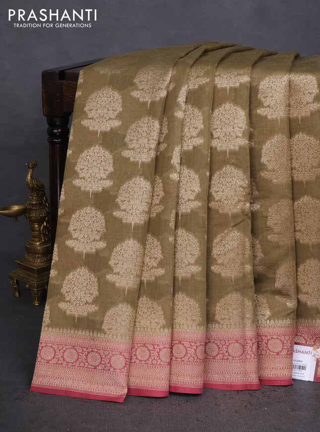 Banarasi silk cotton saree elaichi green and pastel maroon with allover thread & zari woven butta weaves and woven border