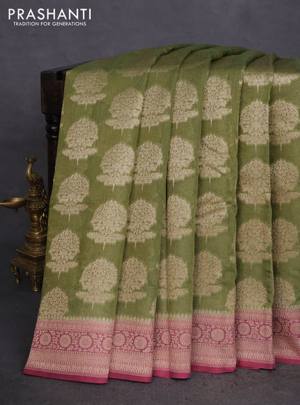 Banarasi silk cotton saree green and mauve pink with allover thread & zari woven butta weaves and woven border