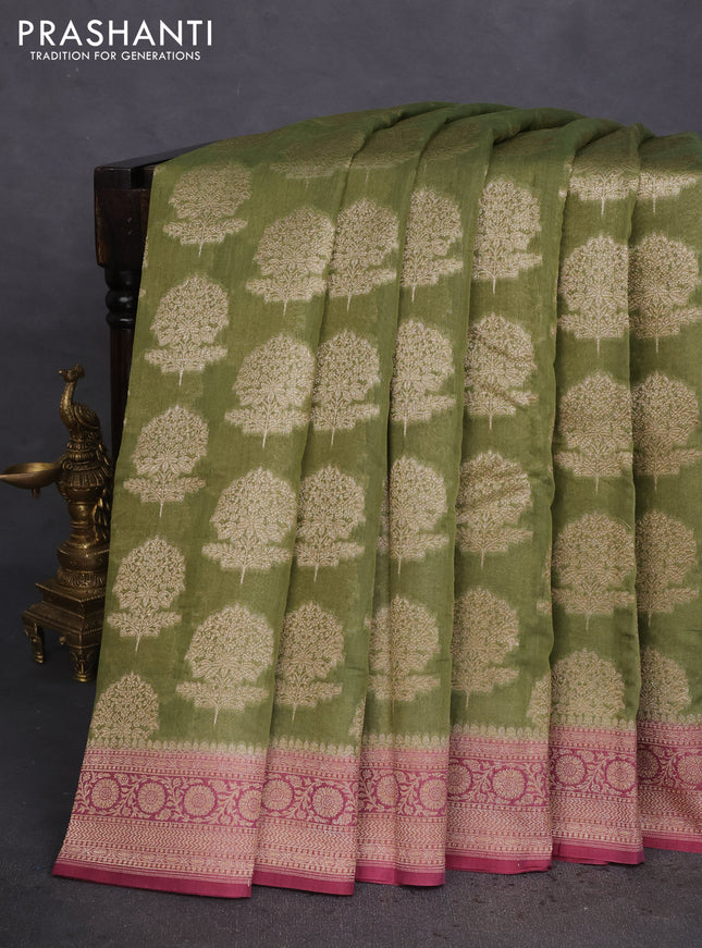 Banarasi silk cotton saree green and mauve pink with allover thread & zari woven butta weaves and woven border