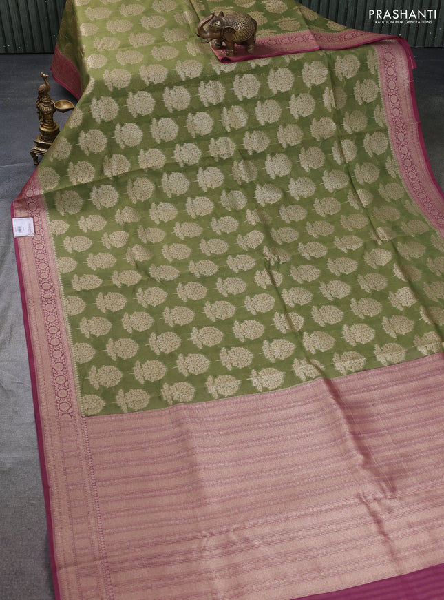 Banarasi silk cotton saree green and mauve pink with allover thread & zari woven butta weaves and woven border