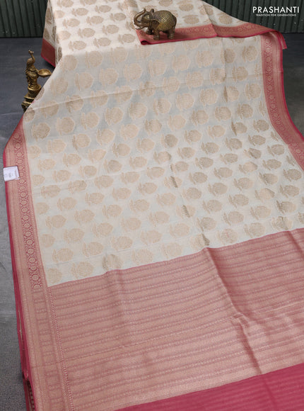 Banarasi silk cotton saree off white and pastel maroon with allover thread & zari woven butta weaves and woven border