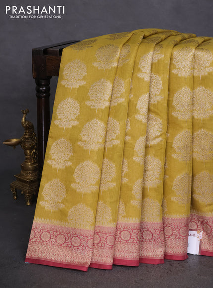 Banarasi silk cotton saree mustard yellow and pastel maroon with allover thread & zari woven butta weaves and woven border