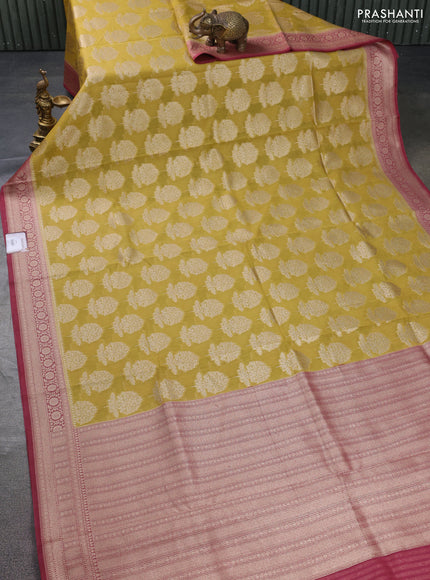 Banarasi silk cotton saree mustard yellow and pastel maroon with allover thread & zari woven butta weaves and woven border