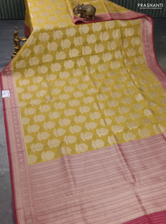 Banarasi silk cotton saree mustard yellow and pastel maroon with allover thread & zari woven butta weaves and woven border