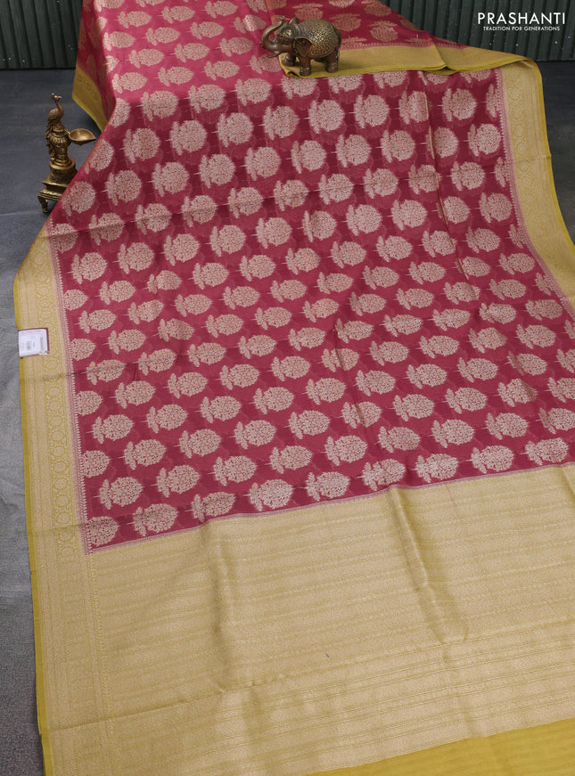 Banarasi silk cotton saree pastel maroon and yellow shade with allover thread & zari woven butta weaves and woven border