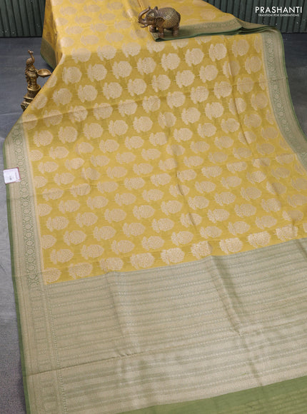 Banarasi silk cotton saree yellow shade and green with allover thread & zari woven butta weaves and woven border