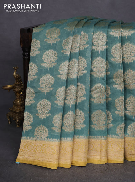 Banarasi silk cotton saree teal green shade and yellow shade with allover thread & zari woven butta weaves and woven border