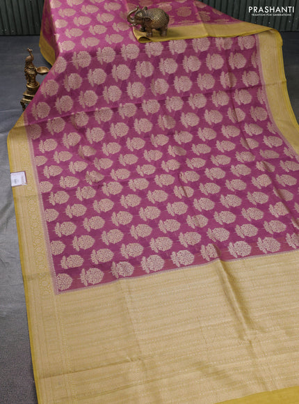 Banarasi silk cotton saree mauve pink and yellow shade with allover thread & zari woven butta weaves and woven border