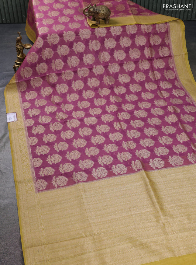 Banarasi silk cotton saree mauve pink and yellow shade with allover thread & zari woven butta weaves and woven border