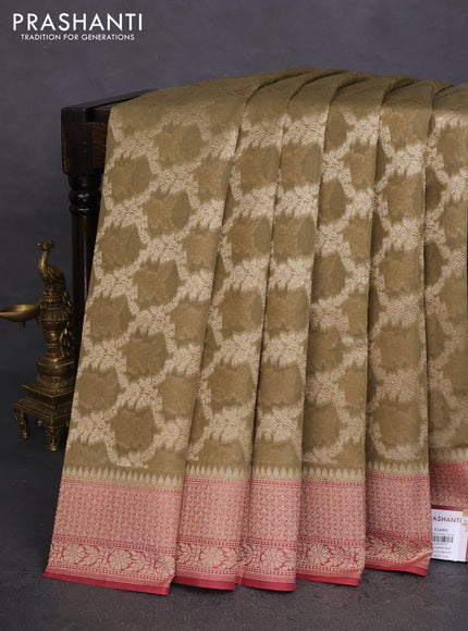 Banarasi silk cotton saree chikku shade and pastel maroon with allover thread & zari weaves and woven border