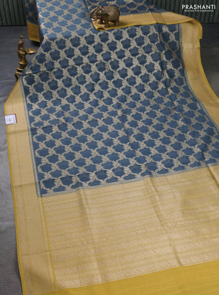 Banarasi silk cotton saree greyish blue and mustard yellow with allover thread & zari weaves and woven border