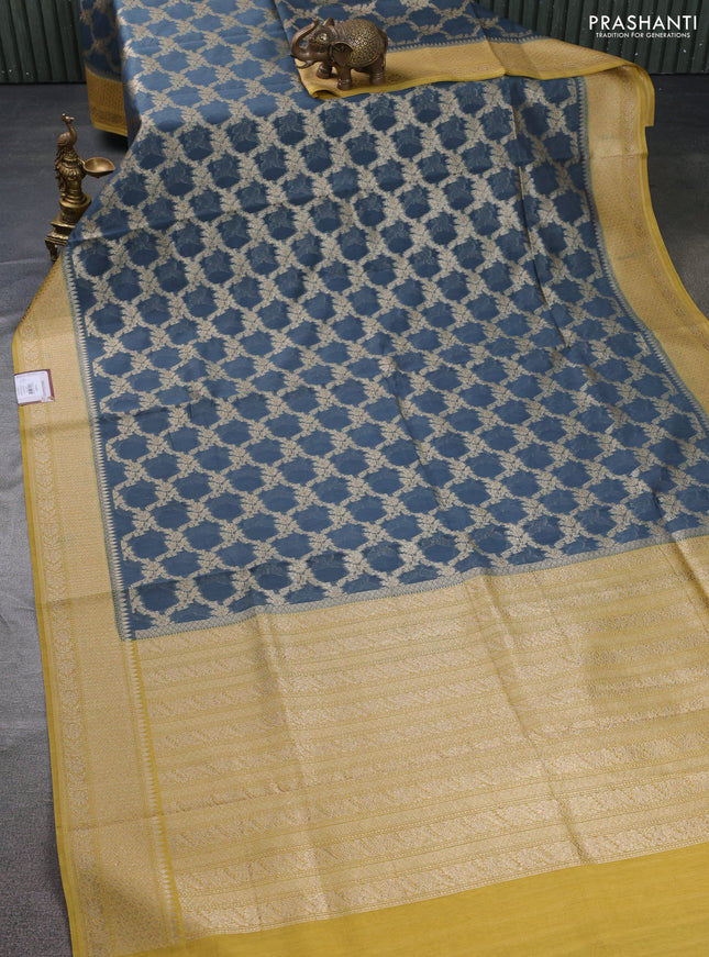 Banarasi silk cotton saree greyish blue and mustard yellow with allover thread & zari weaves and woven border