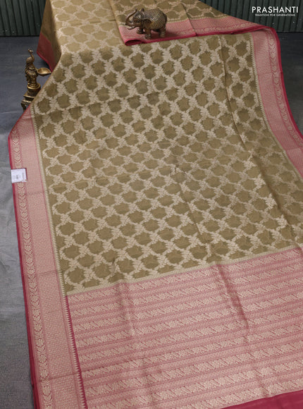 Banarasi silk cotton saree chikku shade and pastel maroon with allover thread & zari weaves and woven border