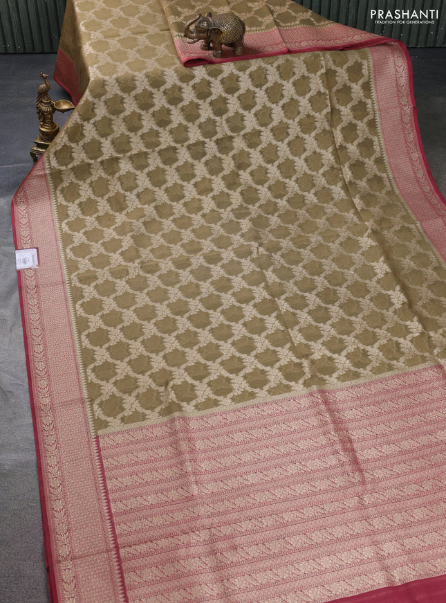 Banarasi silk cotton saree chikku shade and pastel maroon with allover thread & zari weaves and woven border