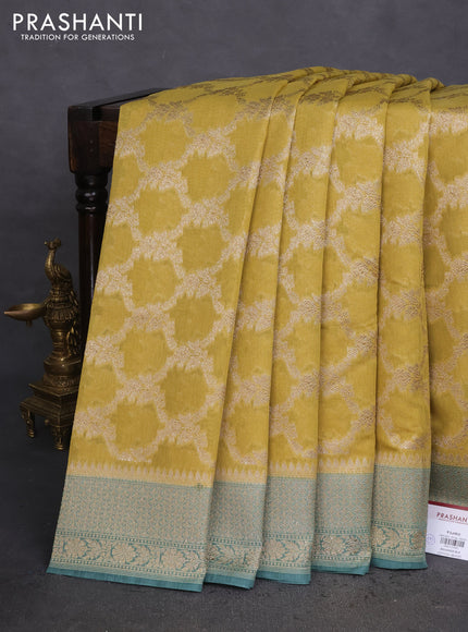 Banarasi silk cotton saree lime yellow shade and pastel blue with allover thread & zari weaves and woven border