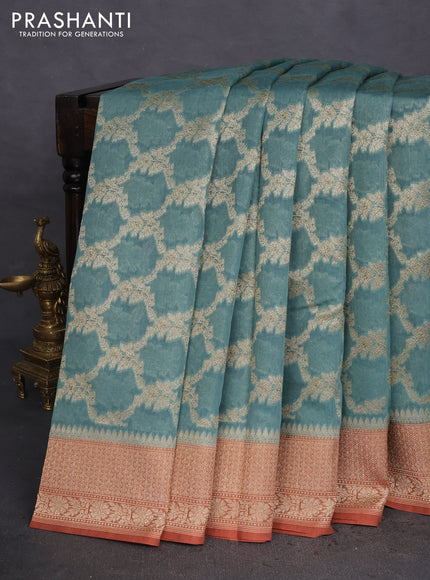 Banarasi silk cotton saree pastel blue and rust shade with allover thread & zari weaves and woven border