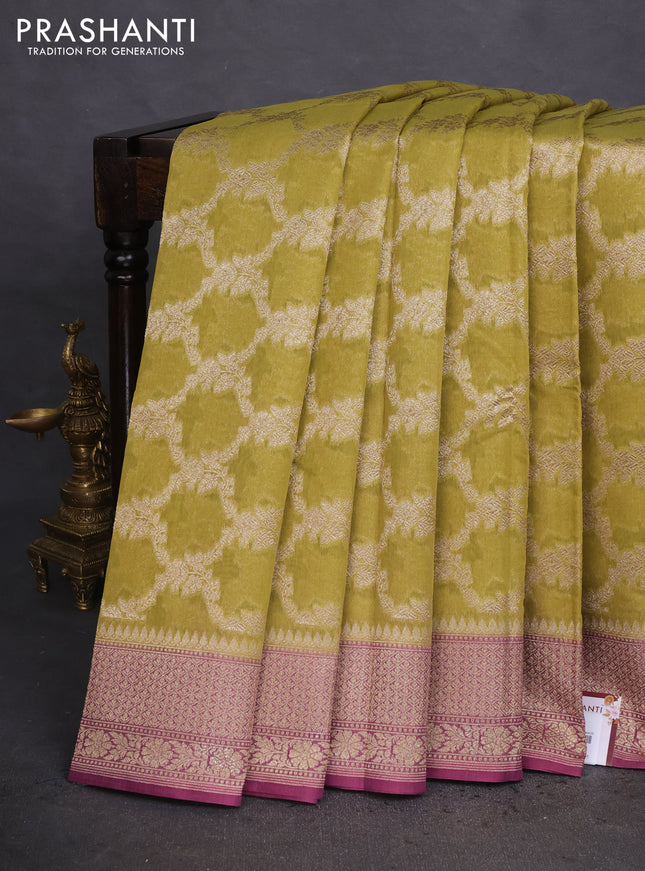 Banarasi silk cotton saree lime green and purple shade with allover thread & zari weaves and woven border