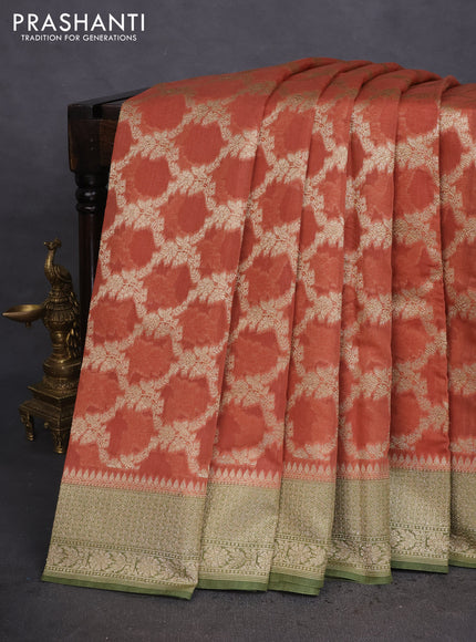Banarasi silk cotton saree rust shade and sap green with allover thread & zari weaves and woven border