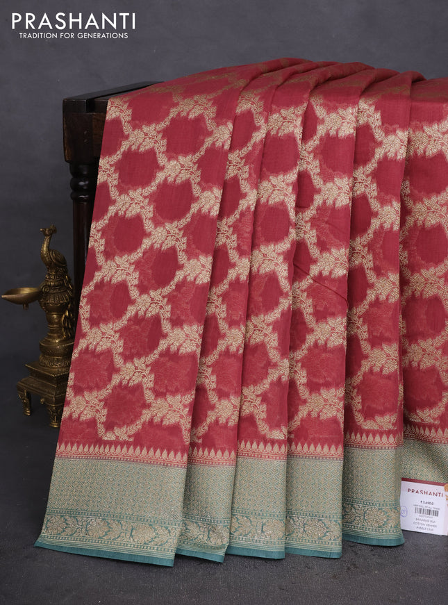 Banarasi silk cotton saree maroon shade and teal green shade with allover thread & zari weaves and woven border
