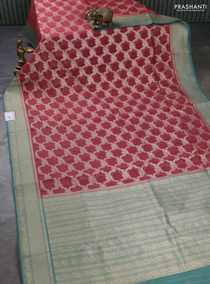 Banarasi silk cotton saree maroon shade and teal green shade with allover thread & zari weaves and woven border