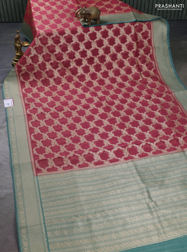 Banarasi silk cotton saree maroon shade and teal green shade with allover thread & zari weaves and woven border