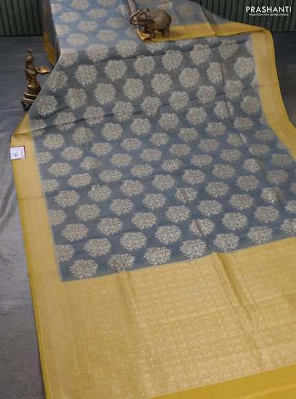 Banarasi tissue silk cotton saree grey and mustard yellow with allover thread & zari woven butta weaves and woven border